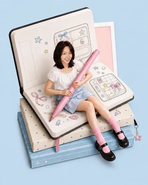 王晶晶的创意人像：坐在放大的手绘笔记本上，抱着粉色画笔，人物和书本越出相纸边框
